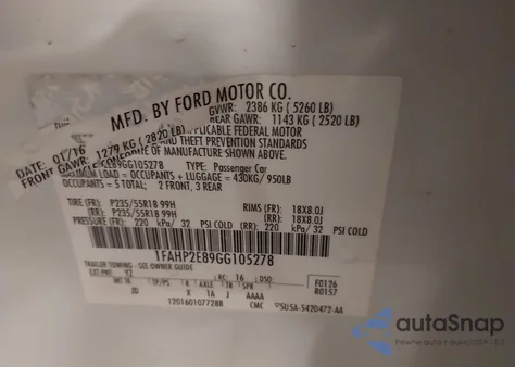 2016 Ford Taurus Sel из США, поврежденный, VIN 1FAHP2E89GG105278